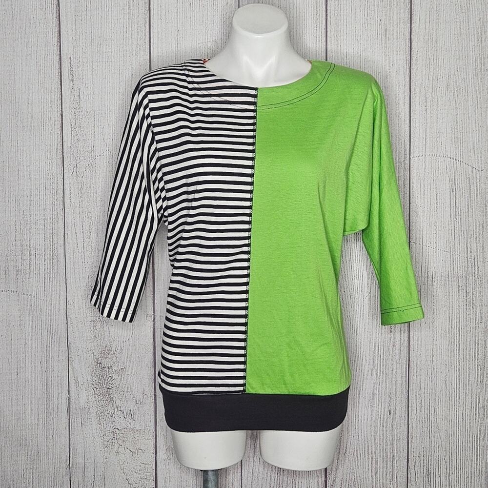 VTG 80s Green/Black & White Striped Split Dolman Sleeve Blouse, size Medium